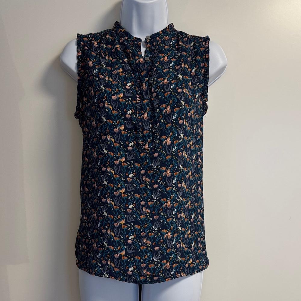 LOFT Floral Sleeveless Blouse - Navy and Peach
